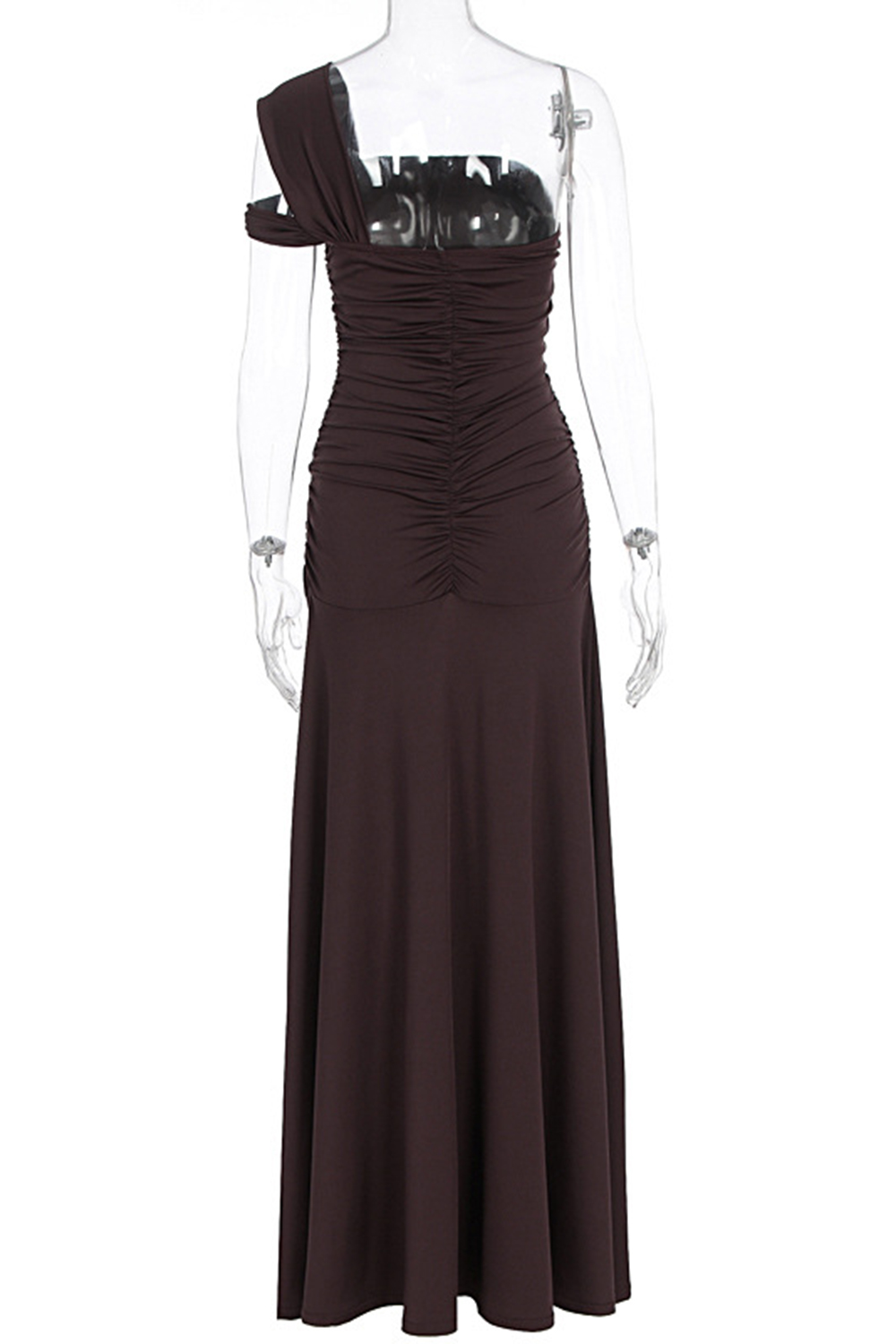 One Shoulder Ruched High Slit Slim Fit Solid Color Party Maxi Dresses-Brown