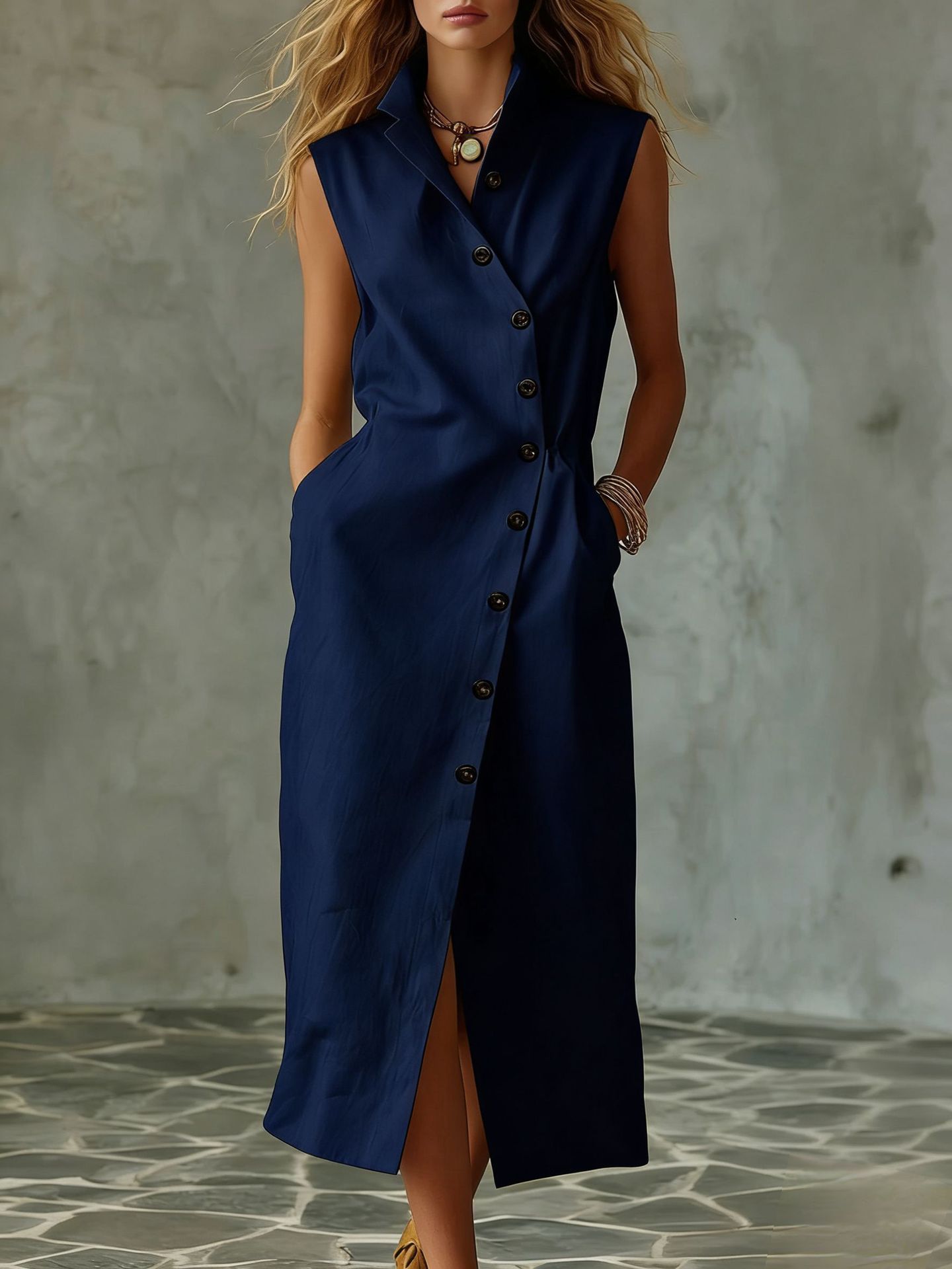 Sleeveless Linen-Blend Button-Down Midi Dress