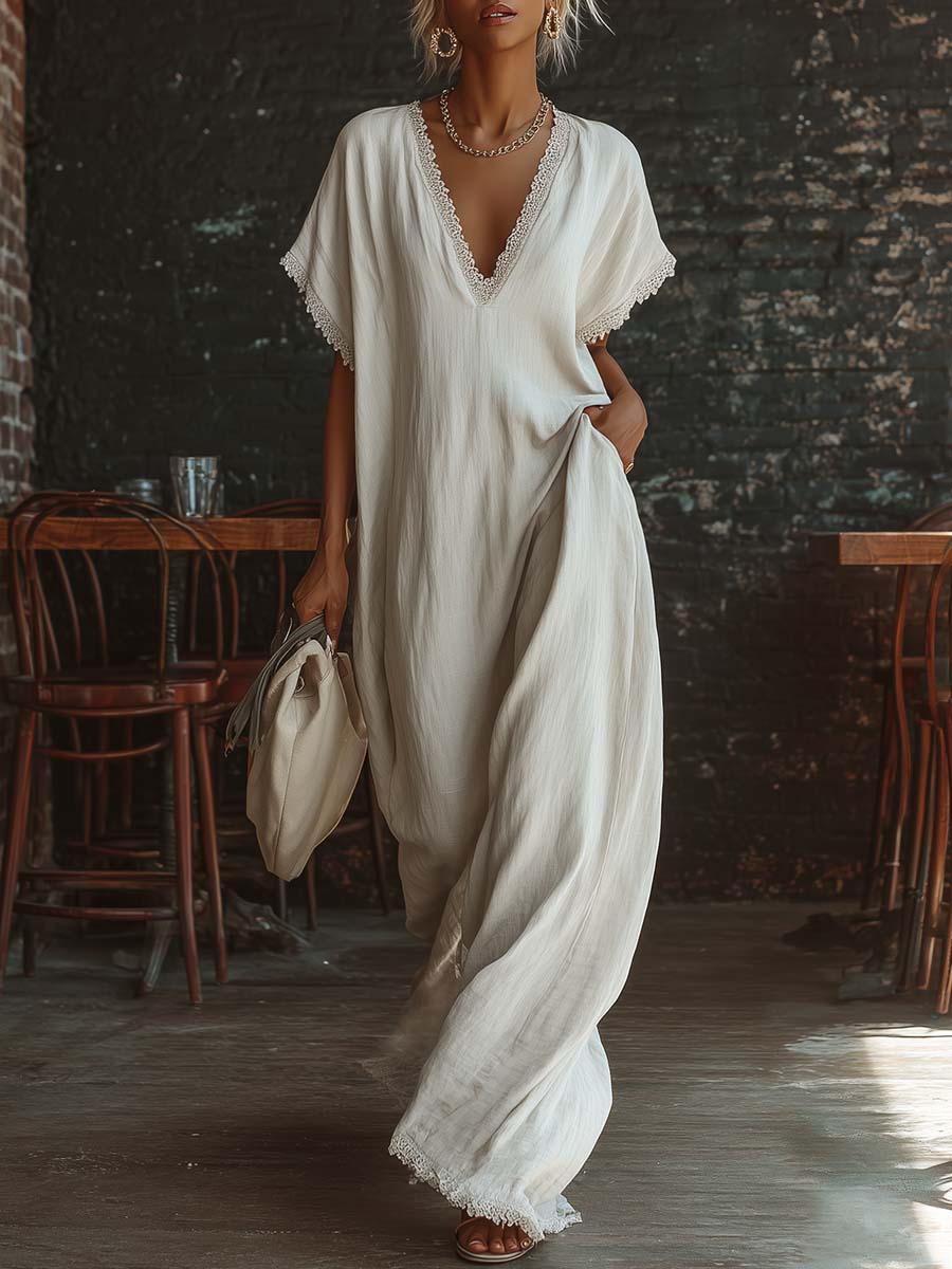 Casual Bohemian Urban V-neck Short-sleeved Lace Trim White Cotton Maxi Dress