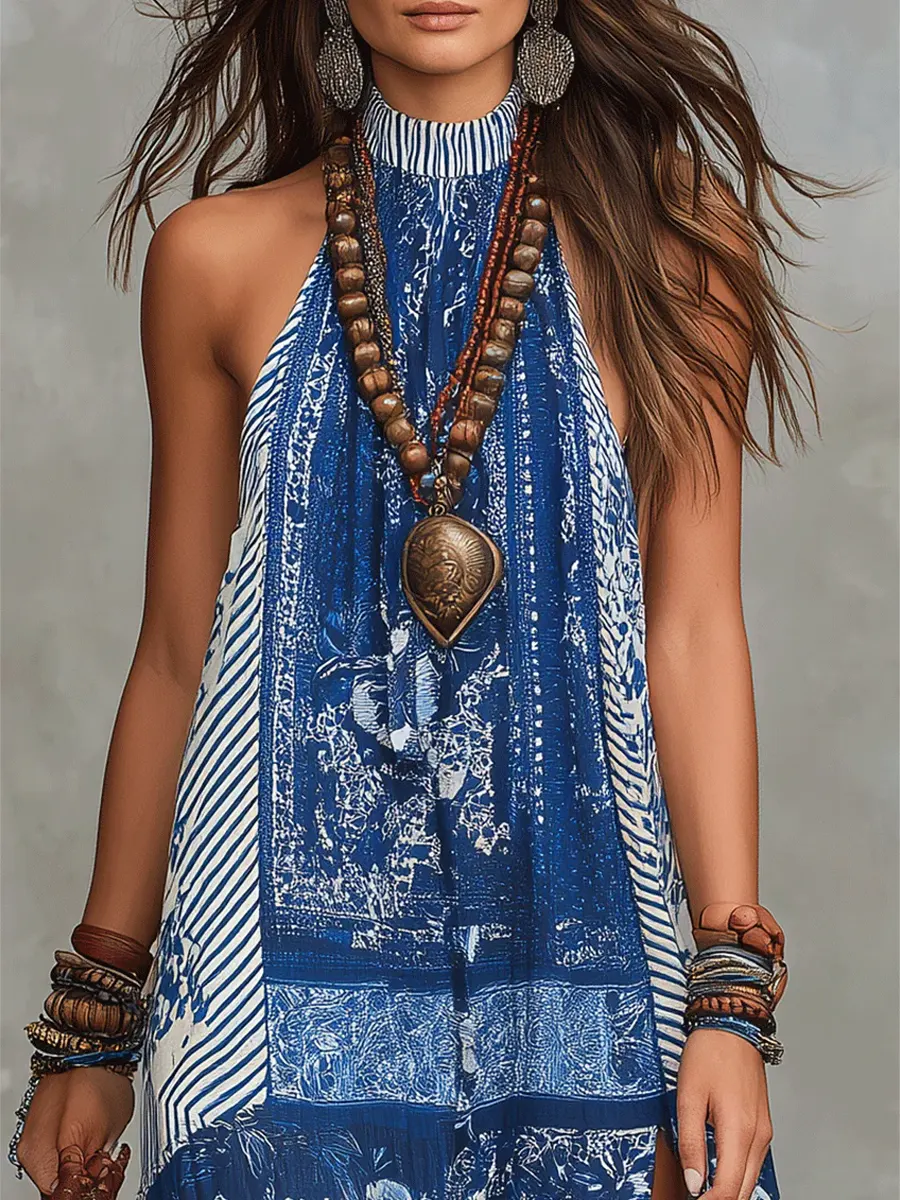 Women's Retro Ethnic Floral Pattern Art Print Casual Fashion Cotton Maxi Dress