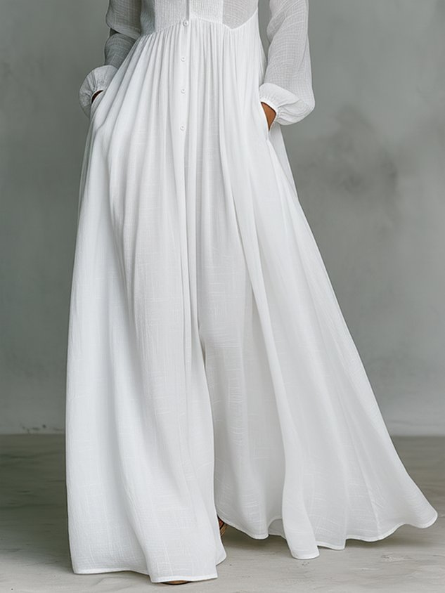 Casual Cotton Linen Maxi Dress High Waist Stand Collar Daily
