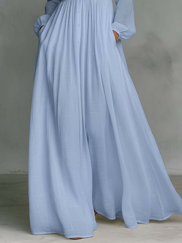 Casual Cotton Linen Maxi Dress High Waist Stand Collar Daily