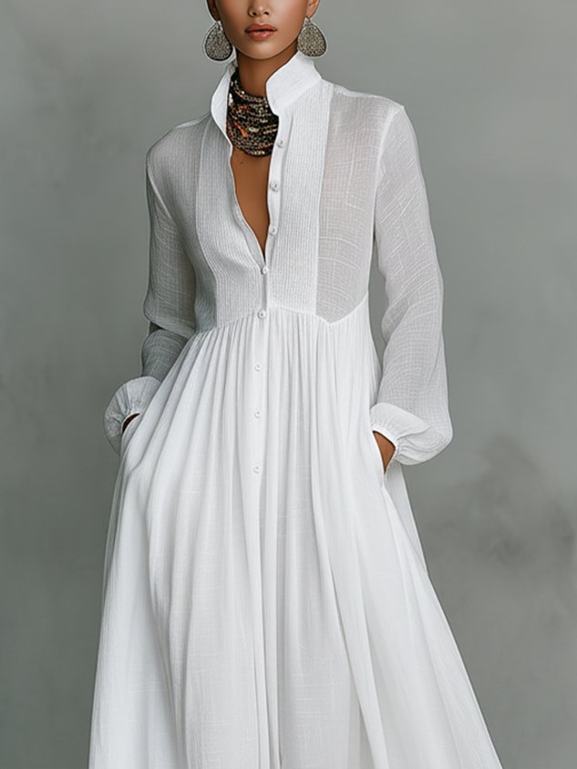 Casual Cotton Linen Maxi Dress High Waist Stand Collar Daily