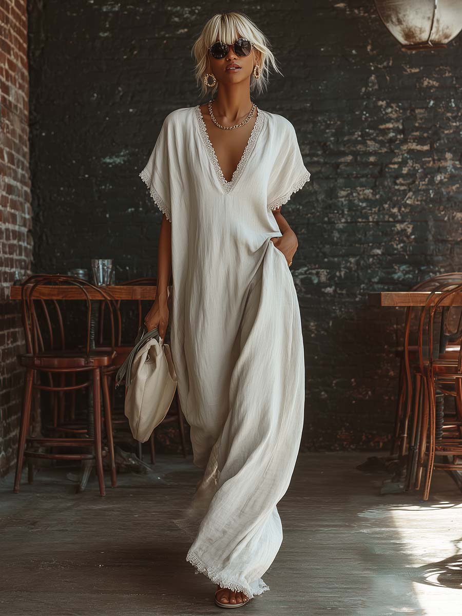 Casual Bohemian Urban V-neck Short-sleeved Lace Trim White Cotton Maxi Dress
