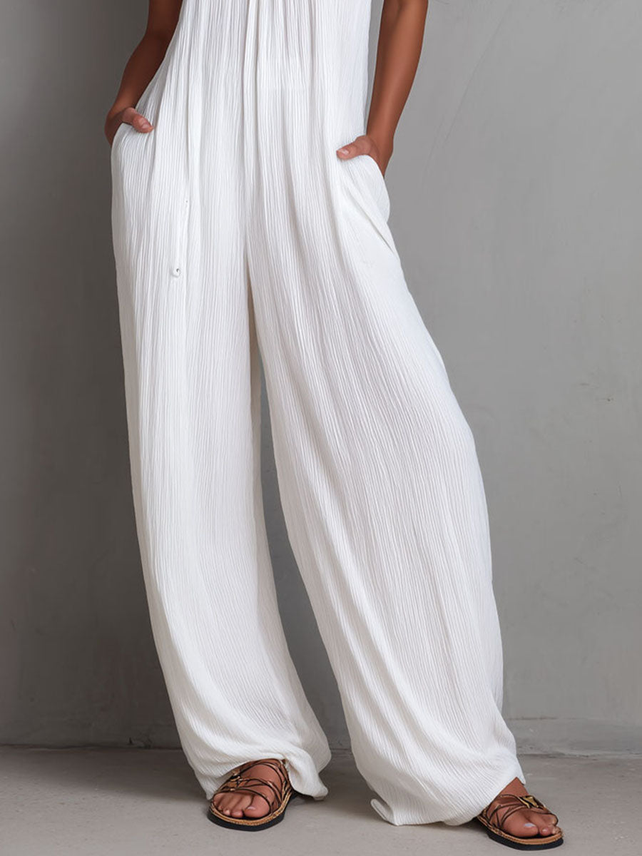 Resort White Pleated Halter Wide-Leg One-Piece Jumpsuit