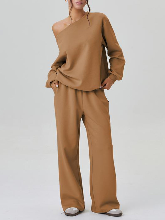 Women's Off-Shoulder Long Sleeve Top & Wide-Leg Pants Set