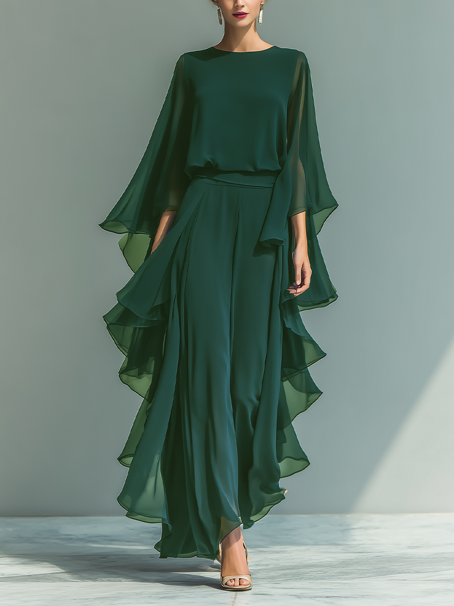 Women's Navy Blue Chiffon Top With Flared Sleeves And Straight-leg Trousers Set With Ruffled Details 