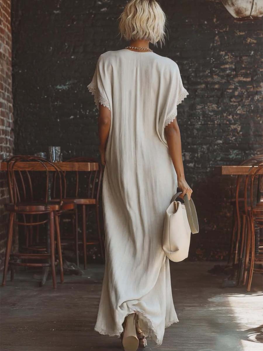 Casual Bohemian Urban V-neck Short-sleeved Lace Trim White Cotton Maxi Dress