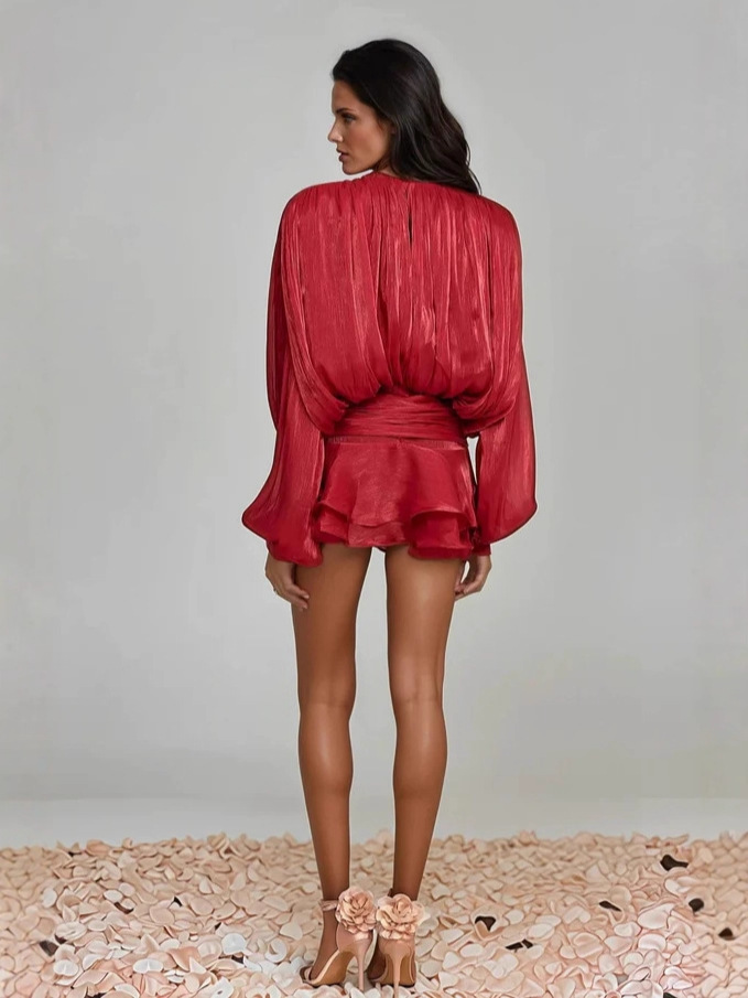 Long Sleeve Draped Ruffle Two Piece Dress Red