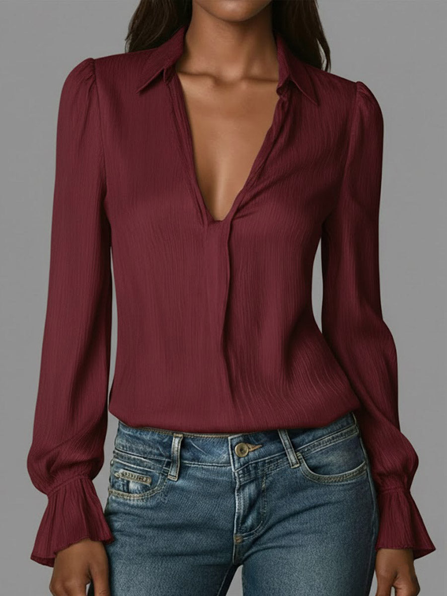 Women's Solid Color V-neck Long-sleeved Casual Loose Cotton Top