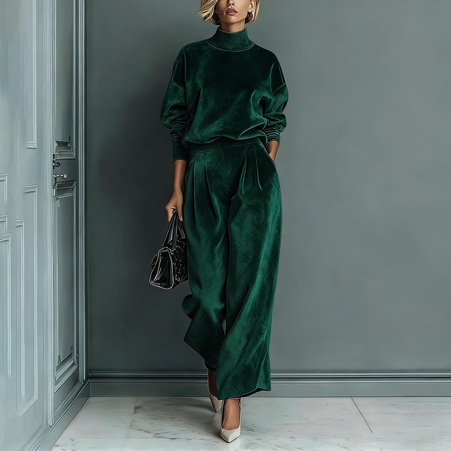 Stylish Velvet Turtleneck Long-sleeved Top and Casual Pocket Wide-leg Pants Set