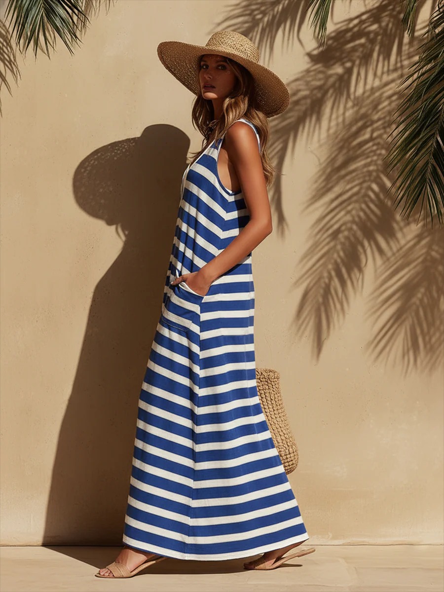 🌊 Blue & White Striped Sleeveless Maxi Dress