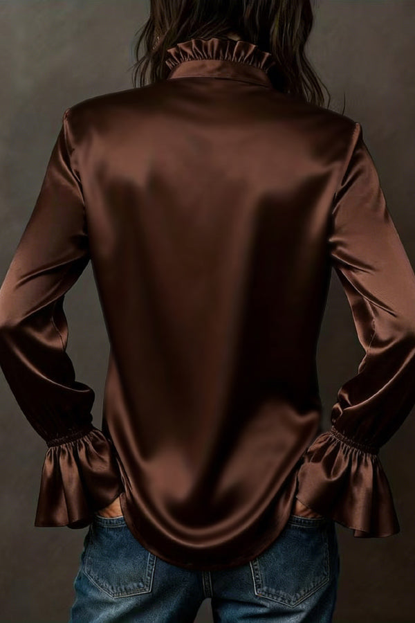 Solid Color Satin Casual Long-sleeved Button-down Shirt