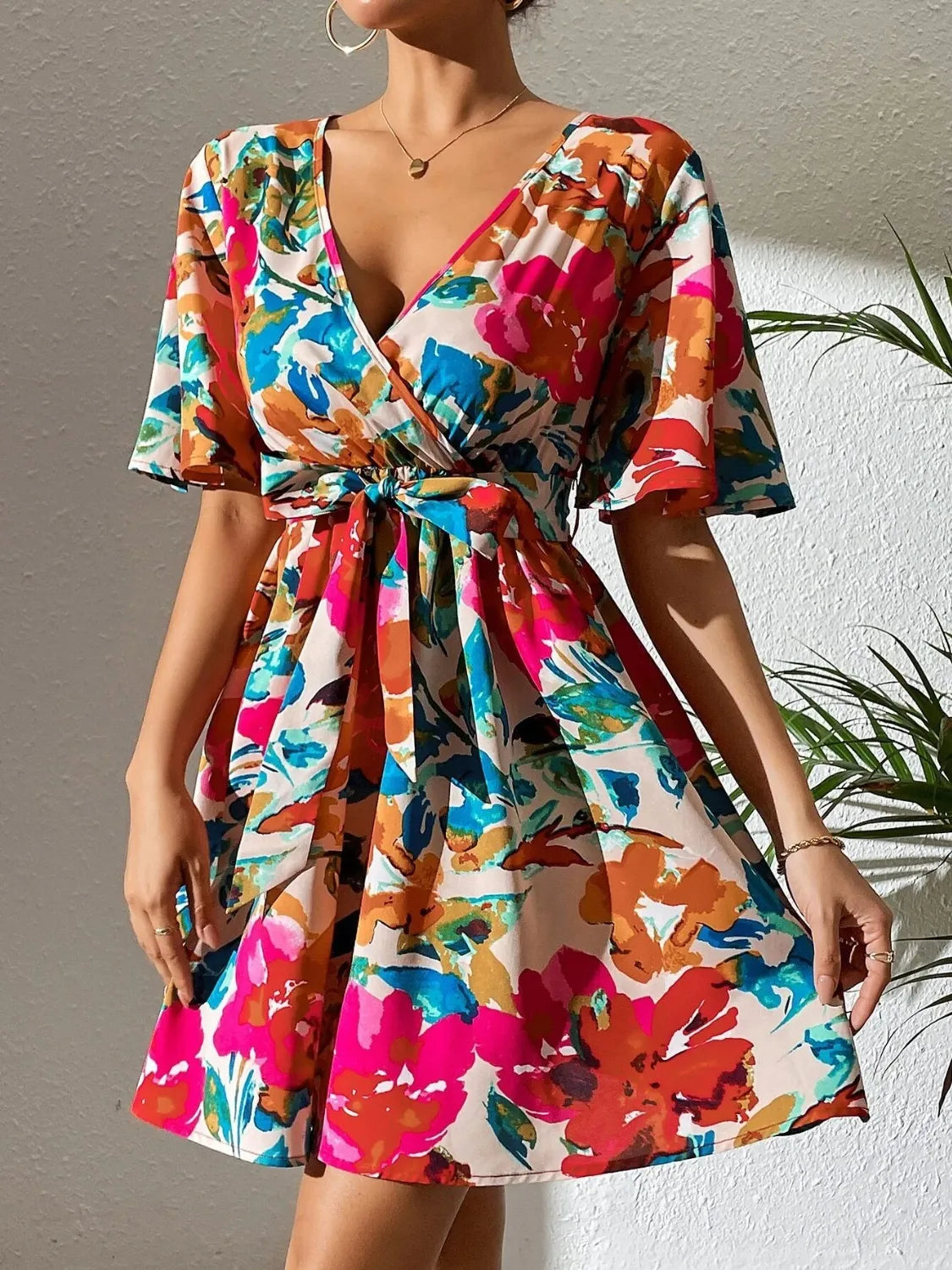 Printed Surplice Short Sleeve Mini Dress