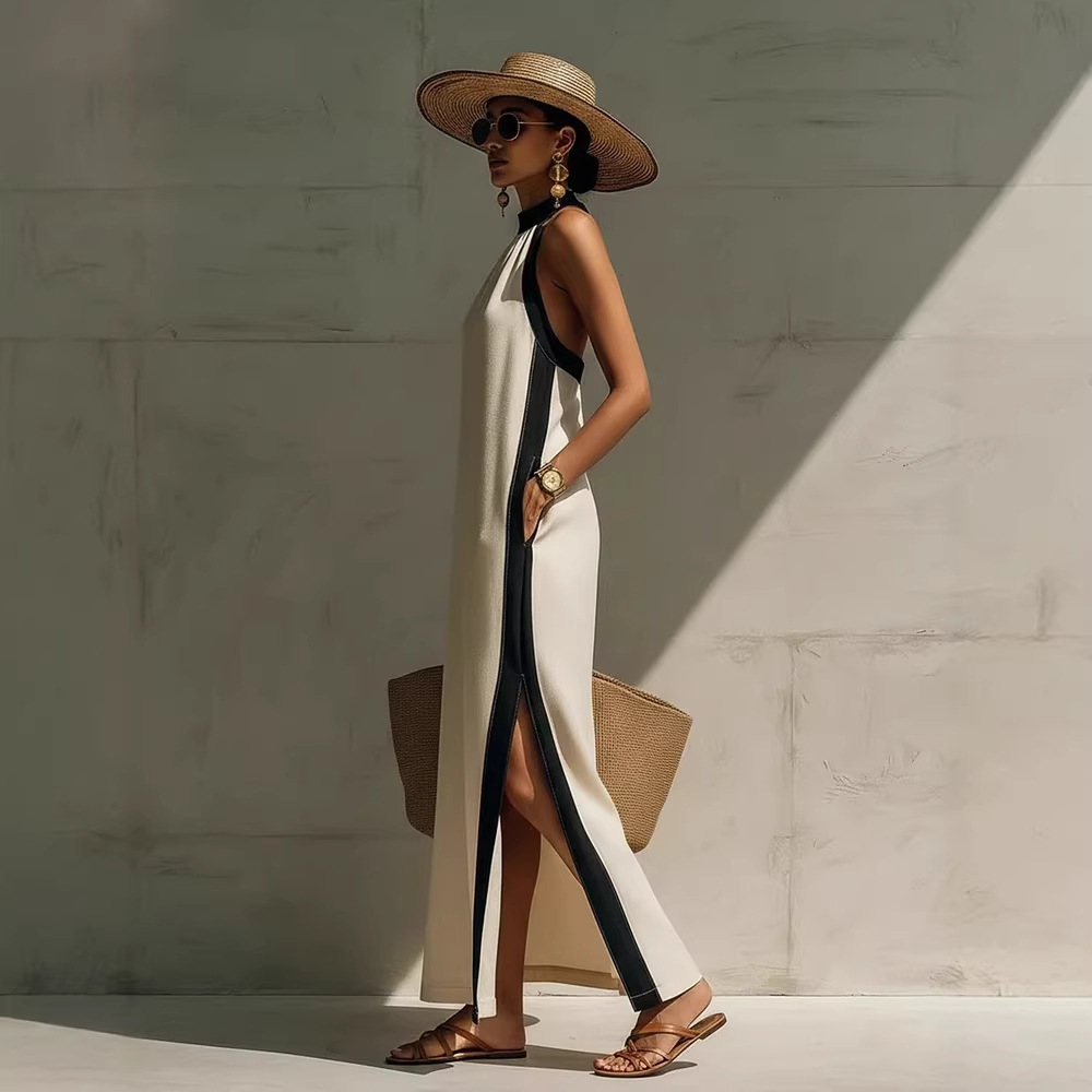  Halter Neck Contrast Trim Maxi Dress