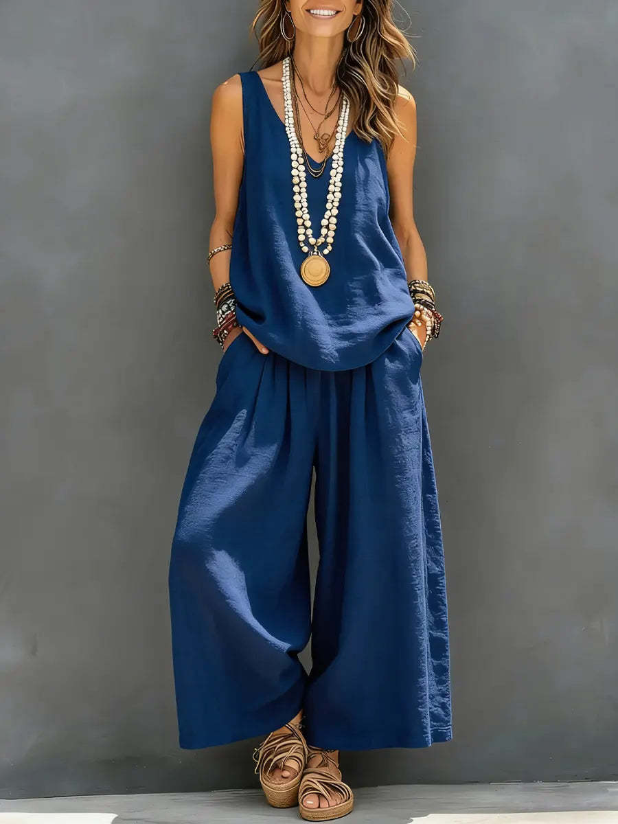 Linen V-neck Sleeveless Top And Wide Leg Pants Set