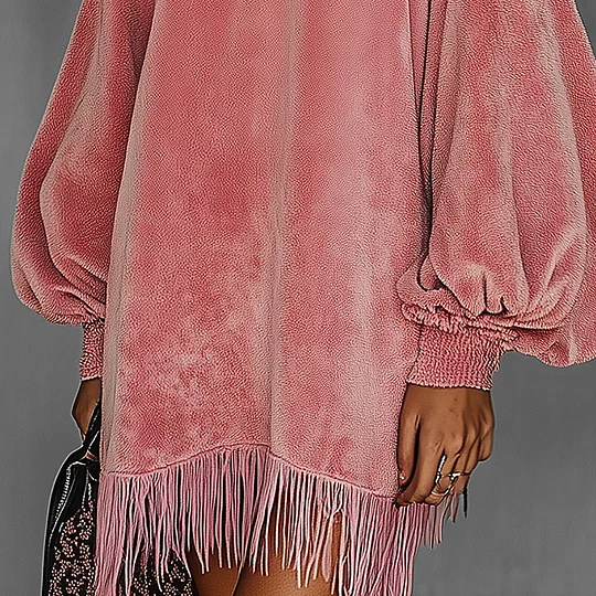 Women's Pink Retro Velvet Stand Collar Fringe Dress