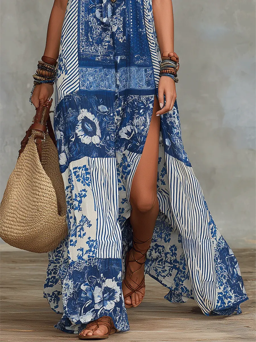 Women's Retro Ethnic Floral Pattern Art Print Casual Fashion Cotton Maxi Dress