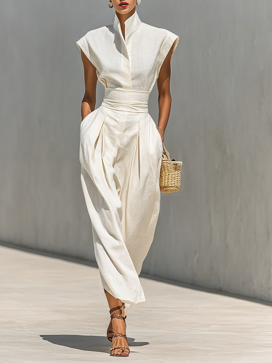 Women's Pure Cotton Lapel Cap Sleeves Waist Maxi Dress 