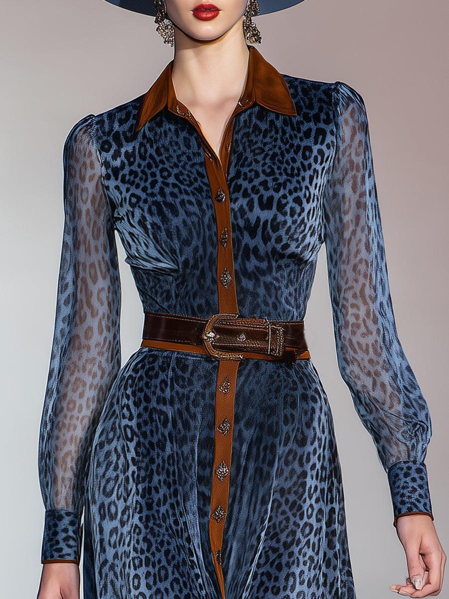 Blue Long Sleeve Leopard Midi Dress
