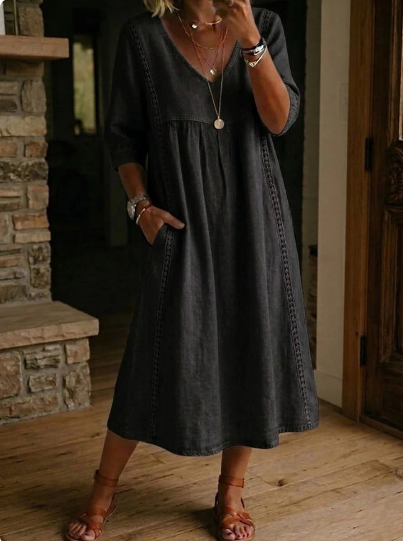Elegant Linen-Blend V-Neck Midi Dress with Lace Inserts & Pockets | Casual Summer Dress for Women