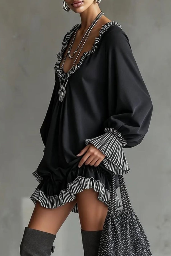 Fashionable Patchwork Ruffled Loose Long-sleeved Casual Mini Dress