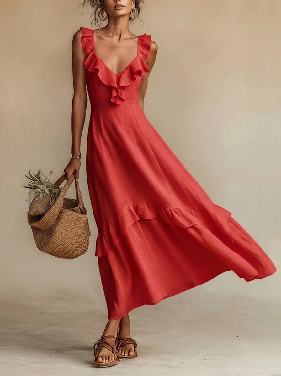 Ruffled Linen Blend Maxi Dress