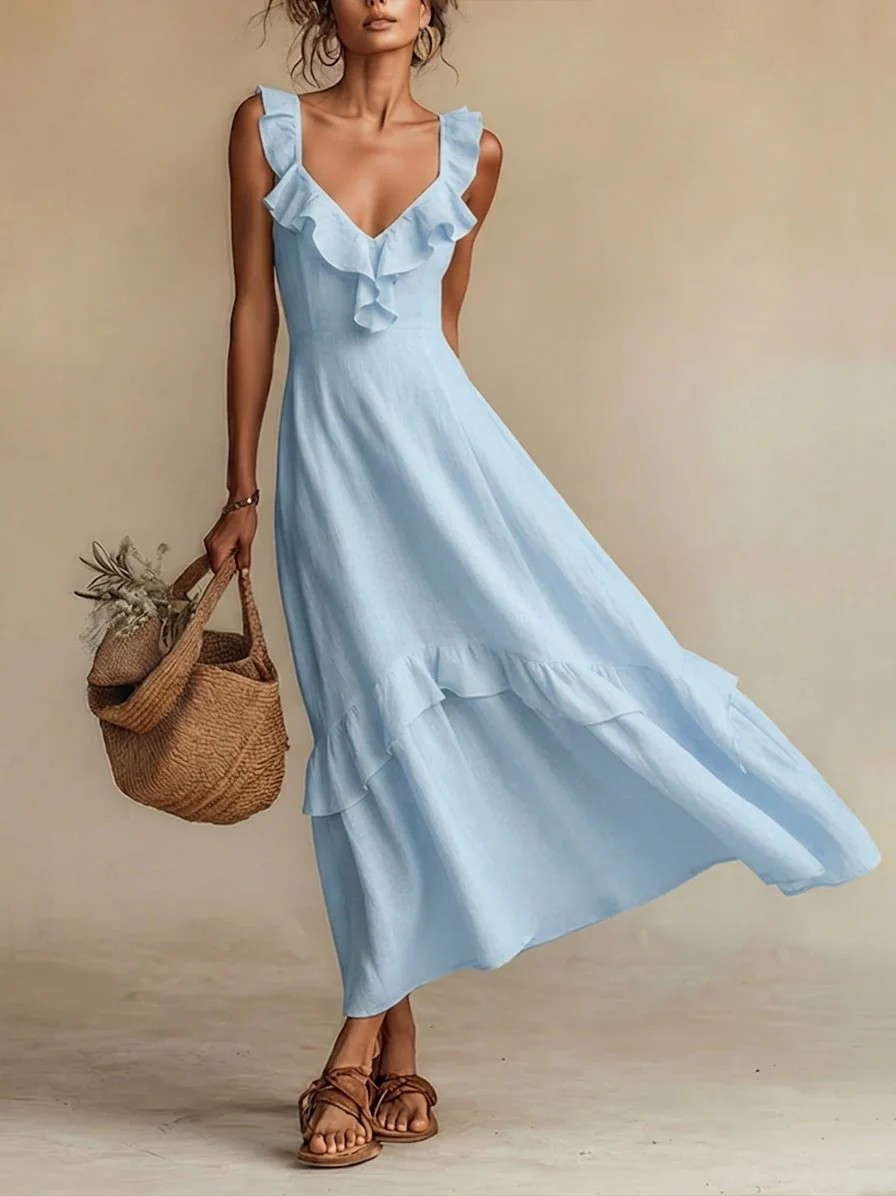 Ruffled Linen Blend Maxi Dress
