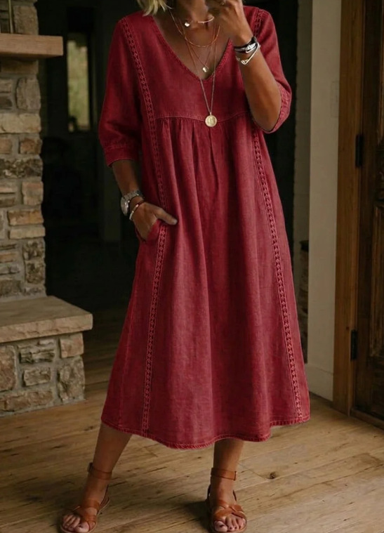 Elegant Linen-Blend V-Neck Midi Dress with Lace Inserts & Pockets | Casual Summer Dress for Women