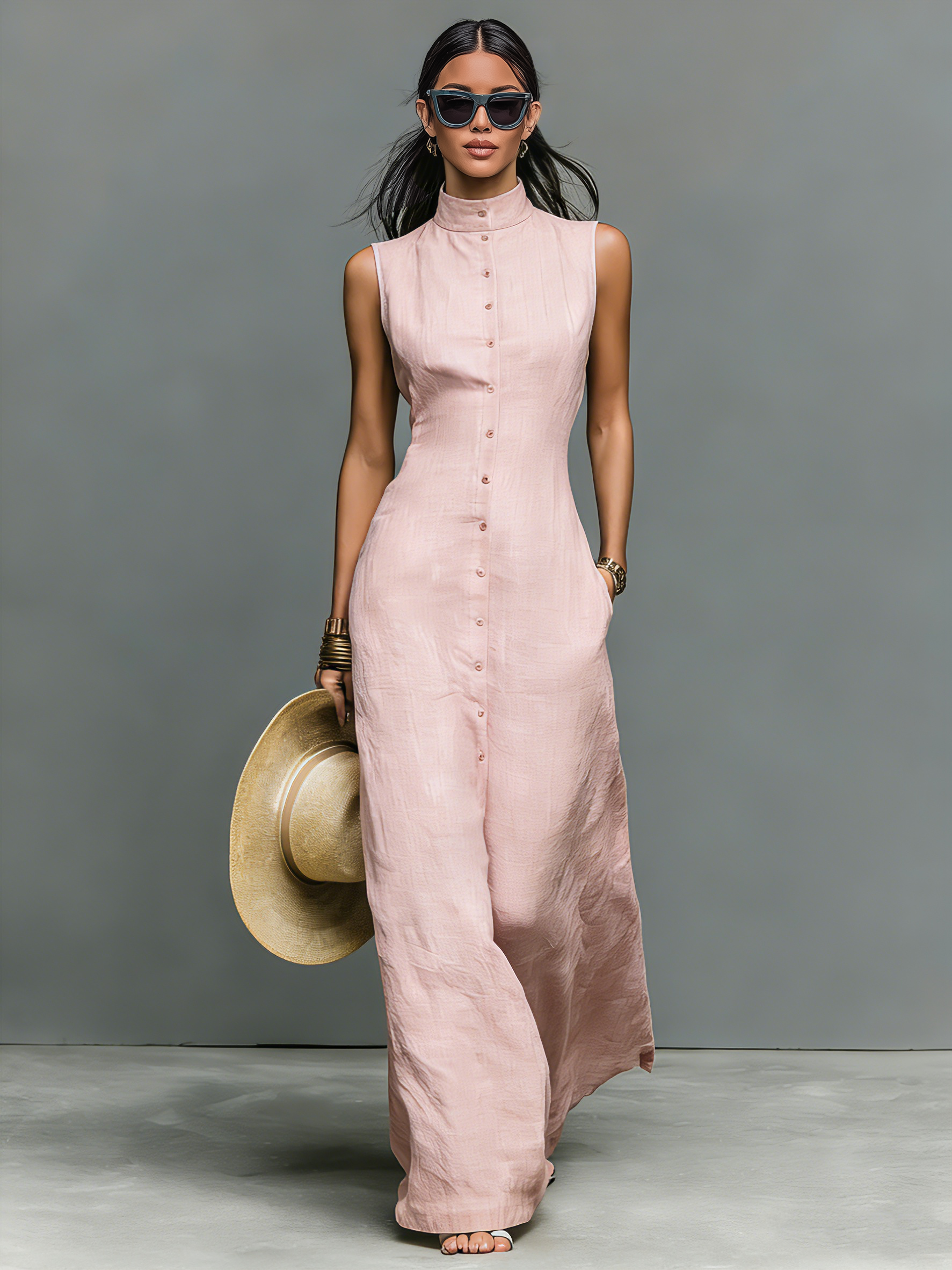 Women's Minimalist Linen-Blend Stand-Collar Single-Breasted Sleeveless Maxi Dress  