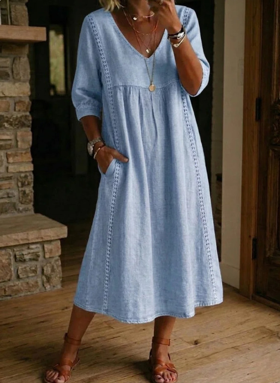 Elegant Linen-Blend V-Neck Midi Dress with Lace Inserts & Pockets | Casual Summer Dress for Women