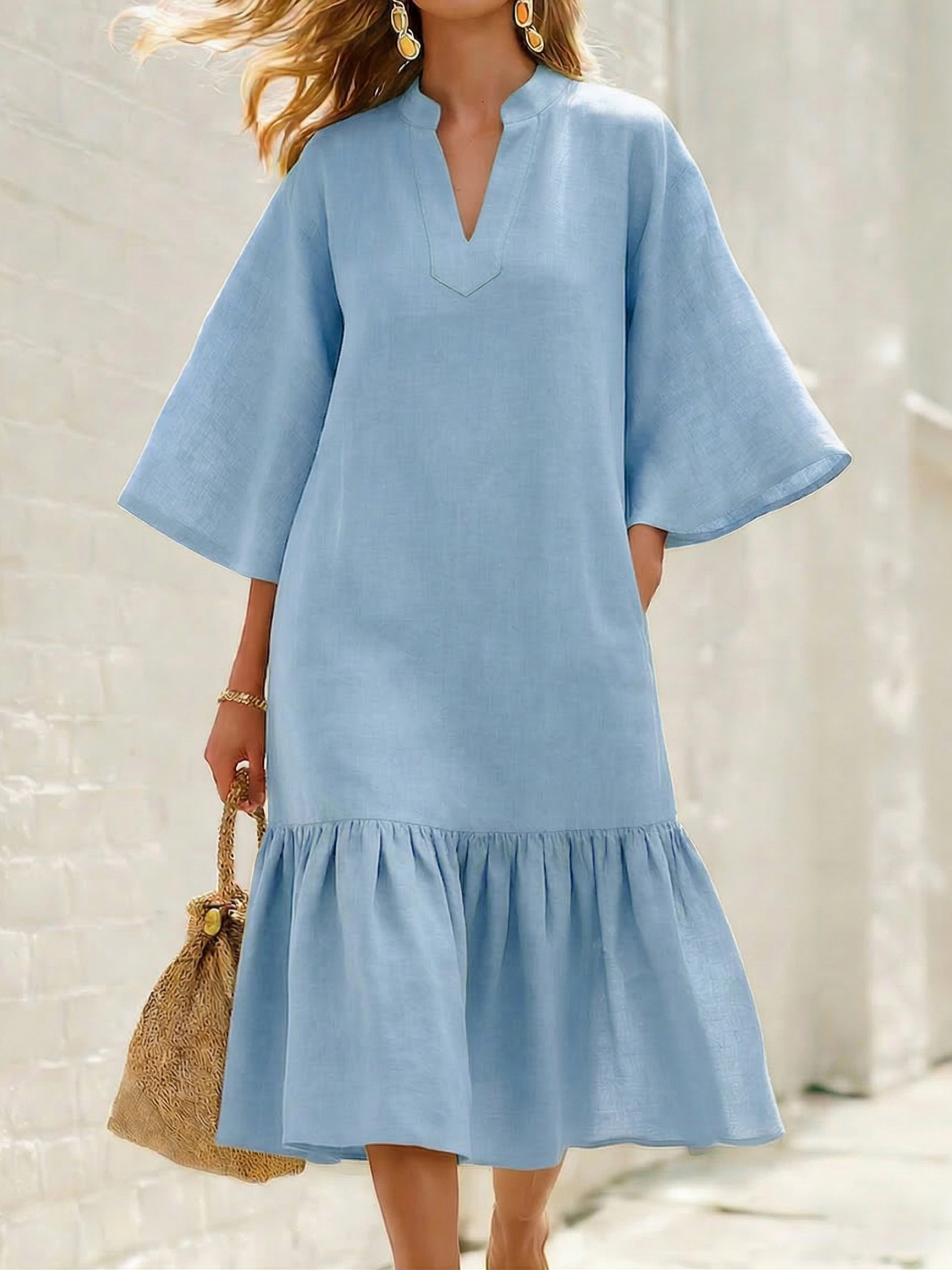 Minimalist & Elegant Flared Sleeves Loose Cotton-linen Dress