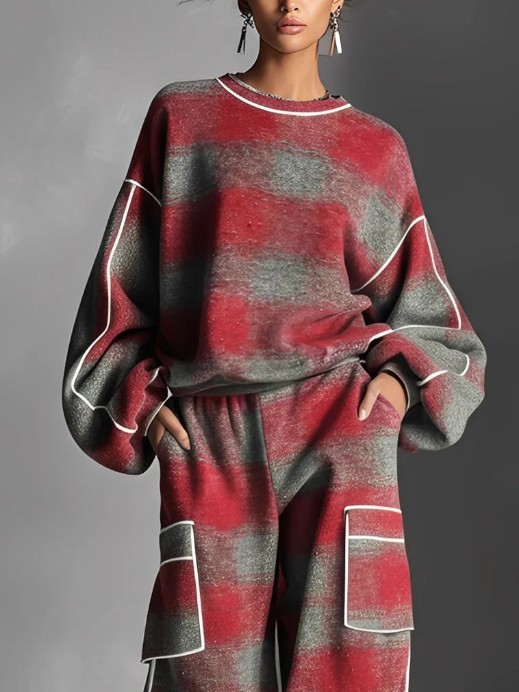Red and Gray Plaid Color-blocked Sweatshirt and Casual Pants Two-piece set