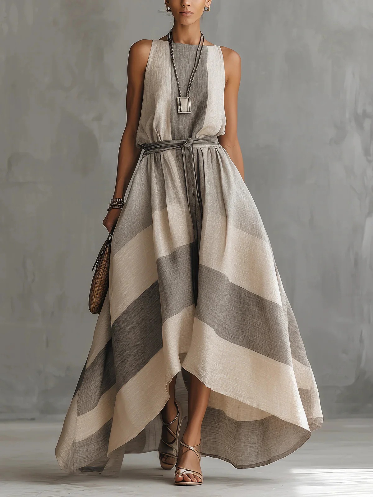 Linen Blend Striped Sleeveless Maxi Dress 