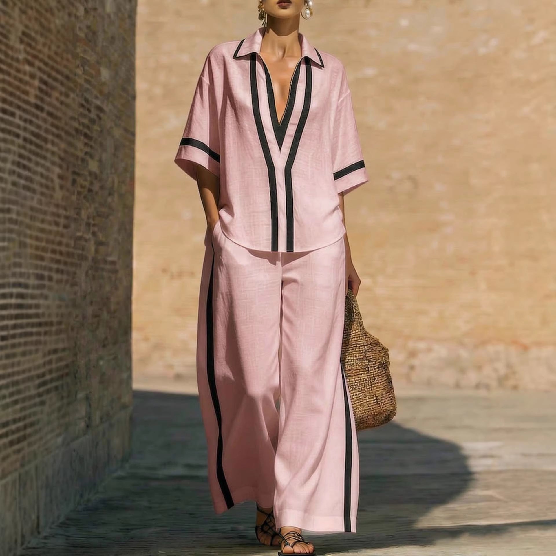Fashionable Color-Block Two-Piece Set: Casual Short-Sleeve Shirt and Wide-Leg Pants