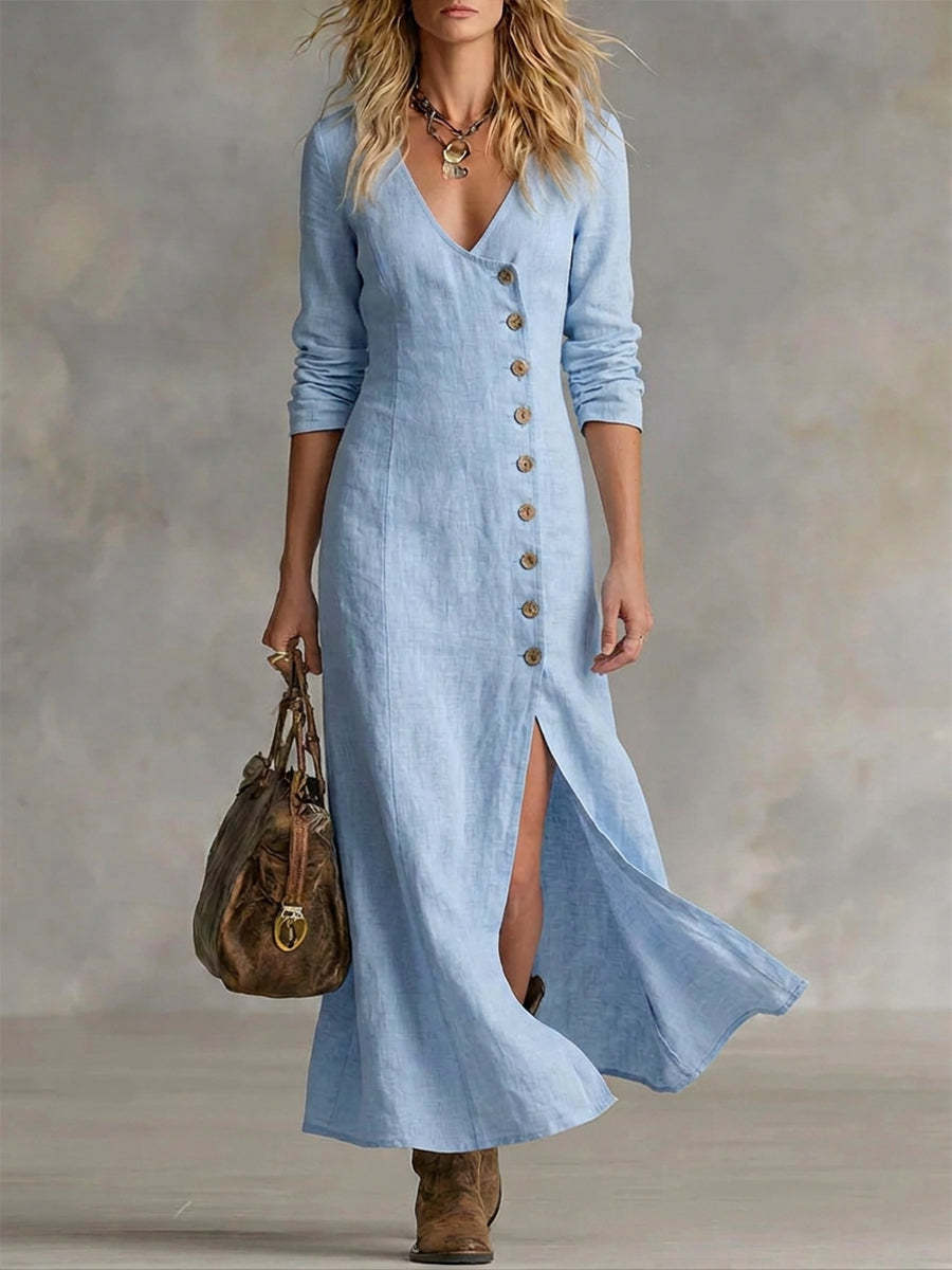  Long Multi-Button Fashion Cotton And Linen Dresses