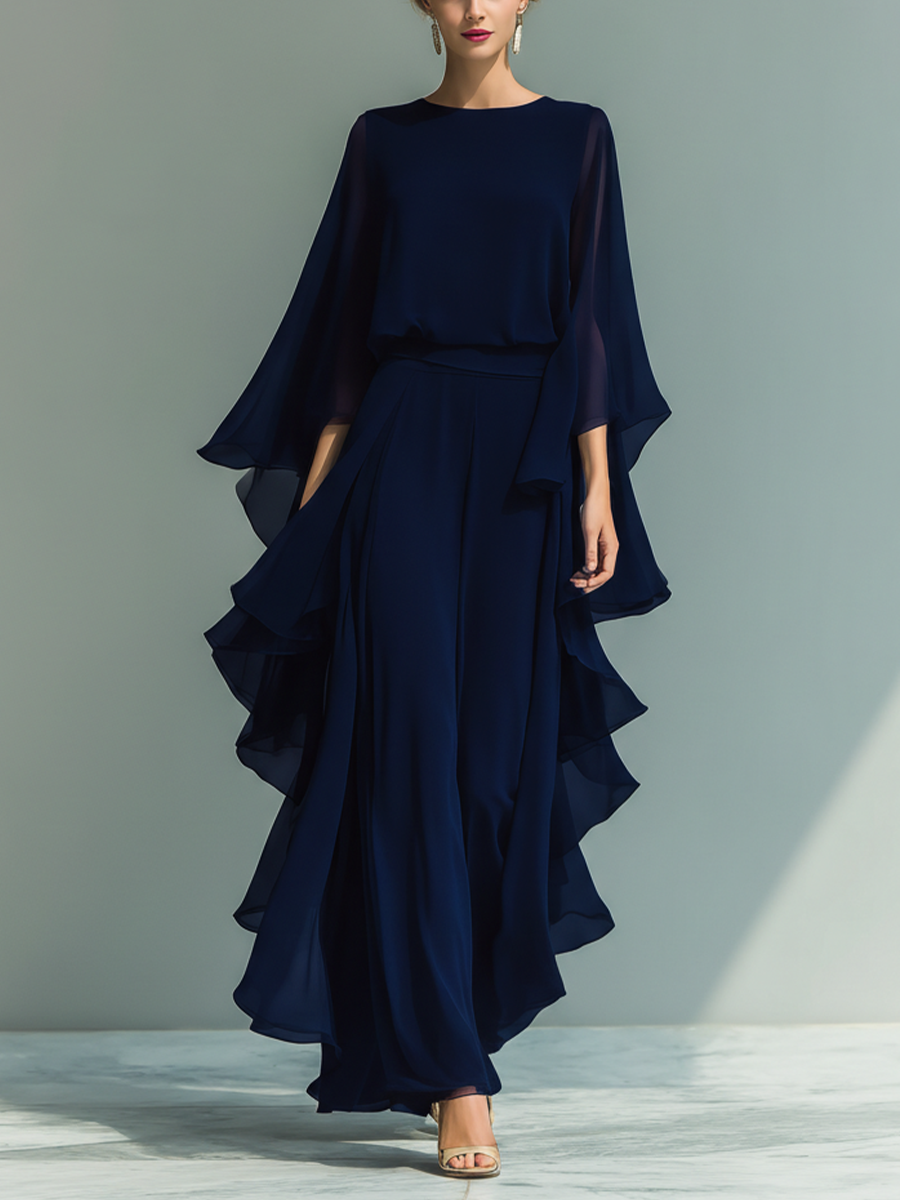 Women's Navy Blue Chiffon Top With Flared Sleeves And Straight-leg Trousers Set With Ruffled Details 