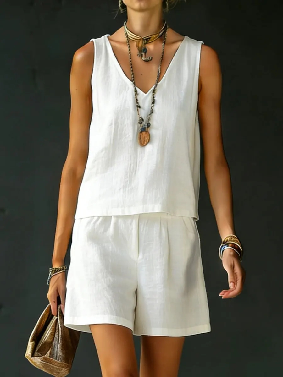 2026 Amazon Independent Station European And American Cross-Border Spring And Summer New Cotton And Linen Fashion Casual Vest Shorts Suit For Women