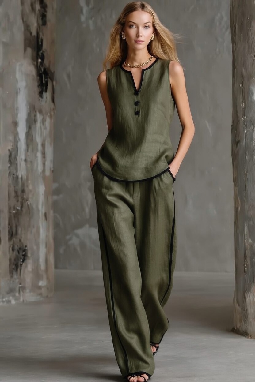 Loose-fitting Cotton-linen Color-blocked Sleeveless Top And Pants Set