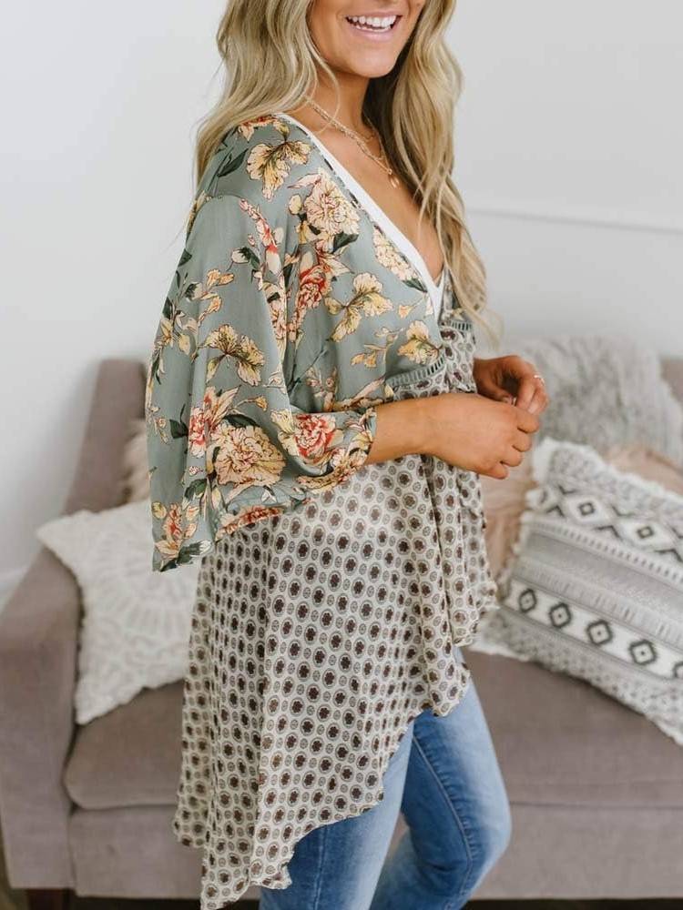 HOT SALE Women's Floral Kimono Ruffle Sleeve Tie Cardigans Flowy Boho Loose Cover Ups