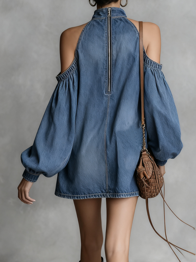 Urban Plain Stand Collar Mini Denim Dress