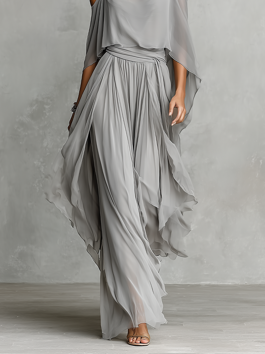 Women's Grey Breathable Chiffon Maxi Dress With Cold-Shoulder Detail & Flared Silhouette,