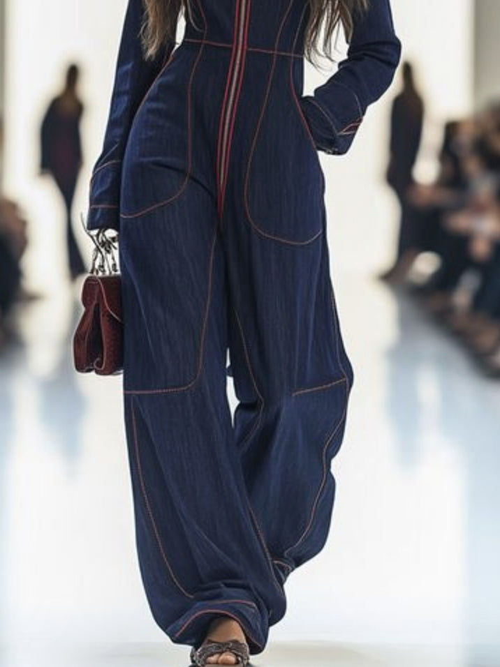 Long Sleeves Wide Leg Zipper Stand Collar Jumpsuits