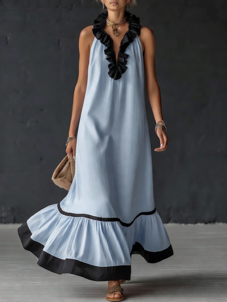 Stylish Simple Sleeveless Color-blocked Ruffled V-neck Cotton Linen Maxi Dress