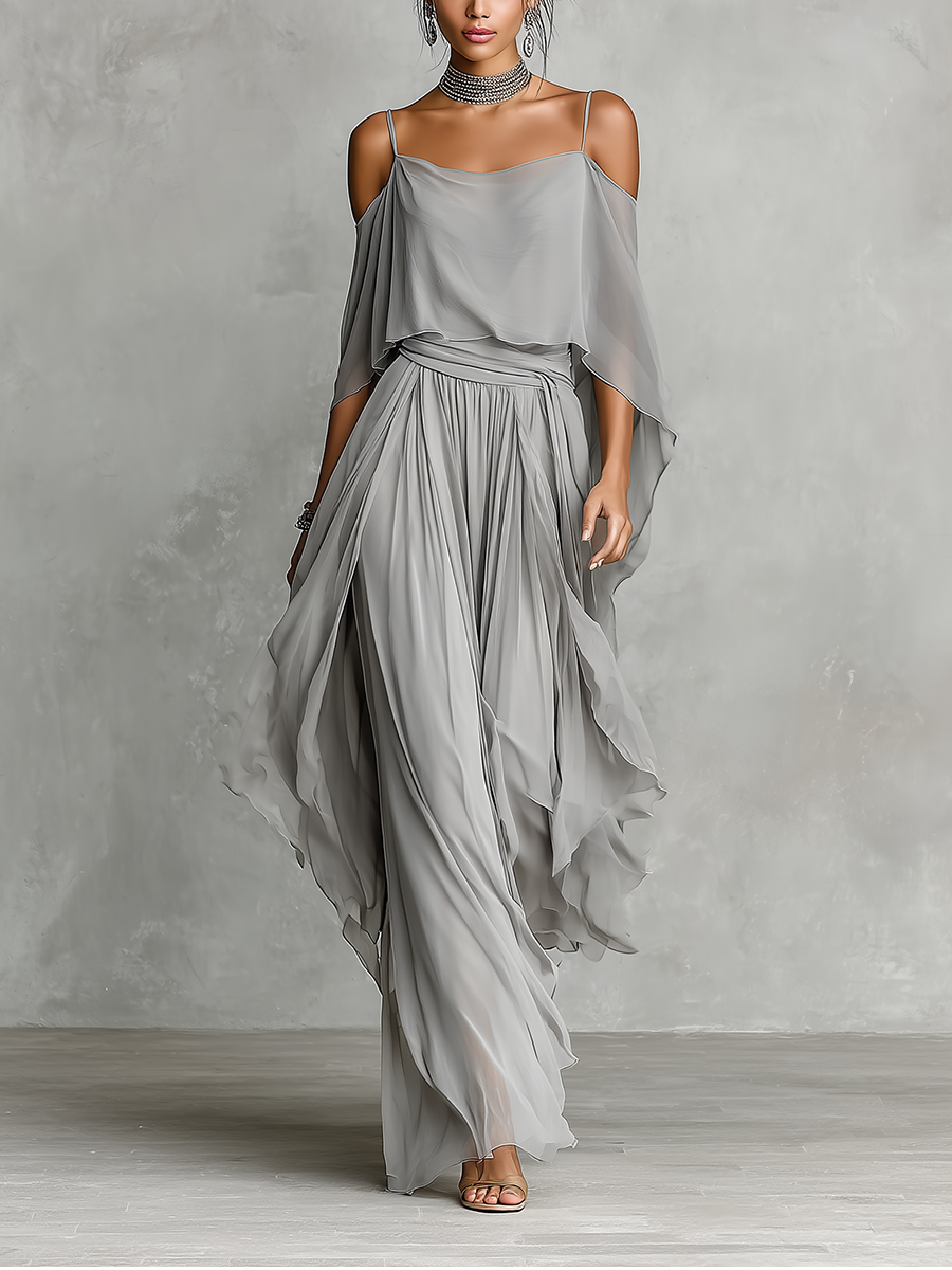 Women's Grey Breathable Chiffon Maxi Dress With Cold-Shoulder Detail & Flared Silhouette,