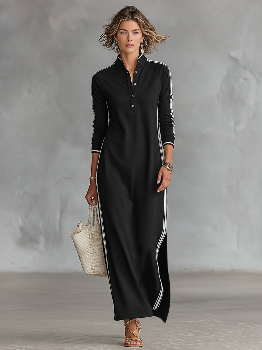 Women's Minimalist White-trimmed Button-down Collar Sweatshirt Dress Maxi Dress MDA0958L0Y