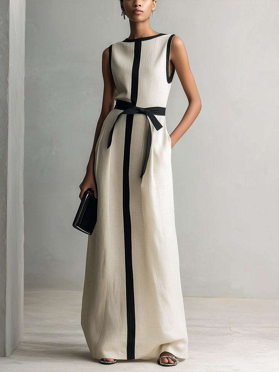 Women's Round Neck Sleeveless Casual Loose Cotton Linen Dress