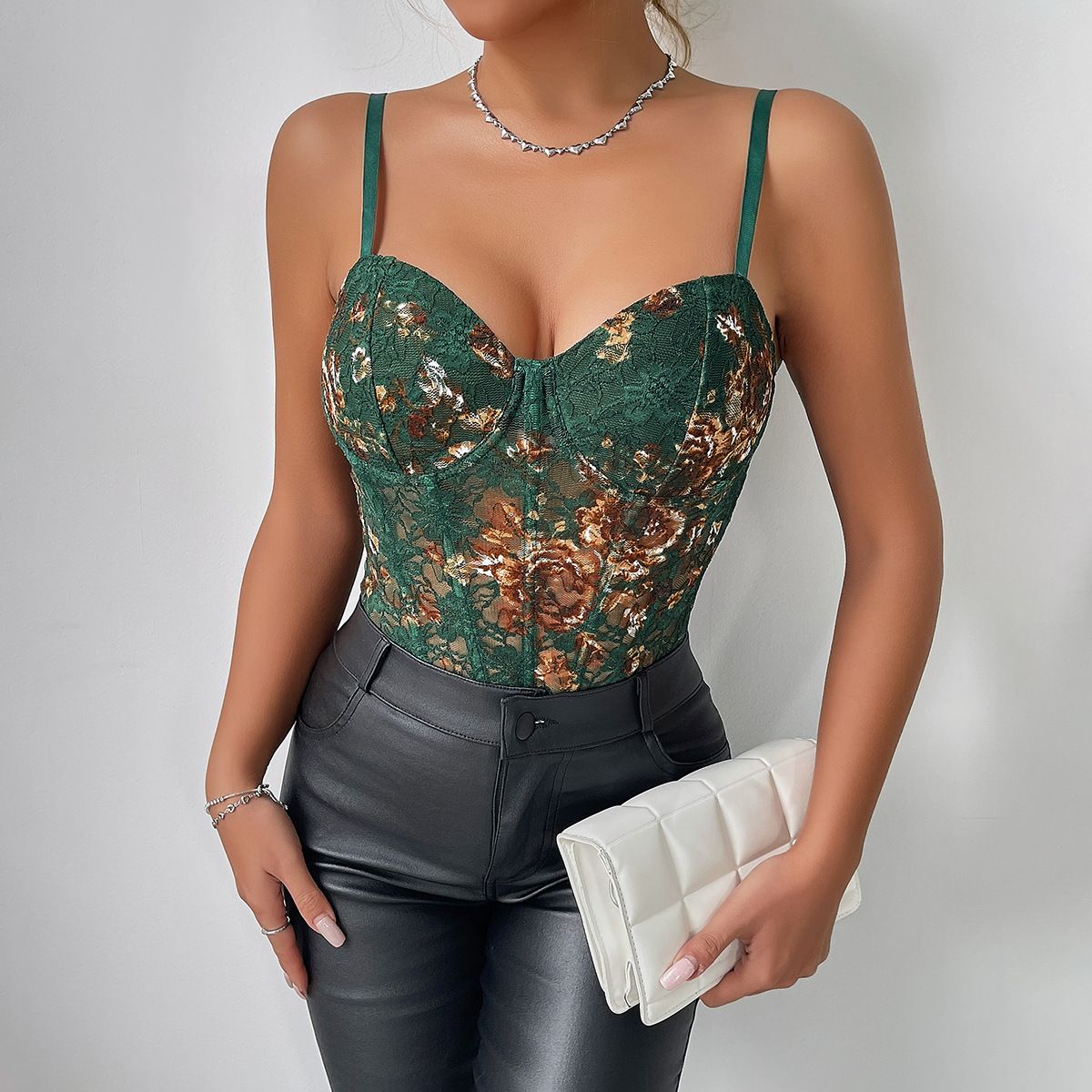 Floral Print Embroidery Bustier Corset Bodysuit