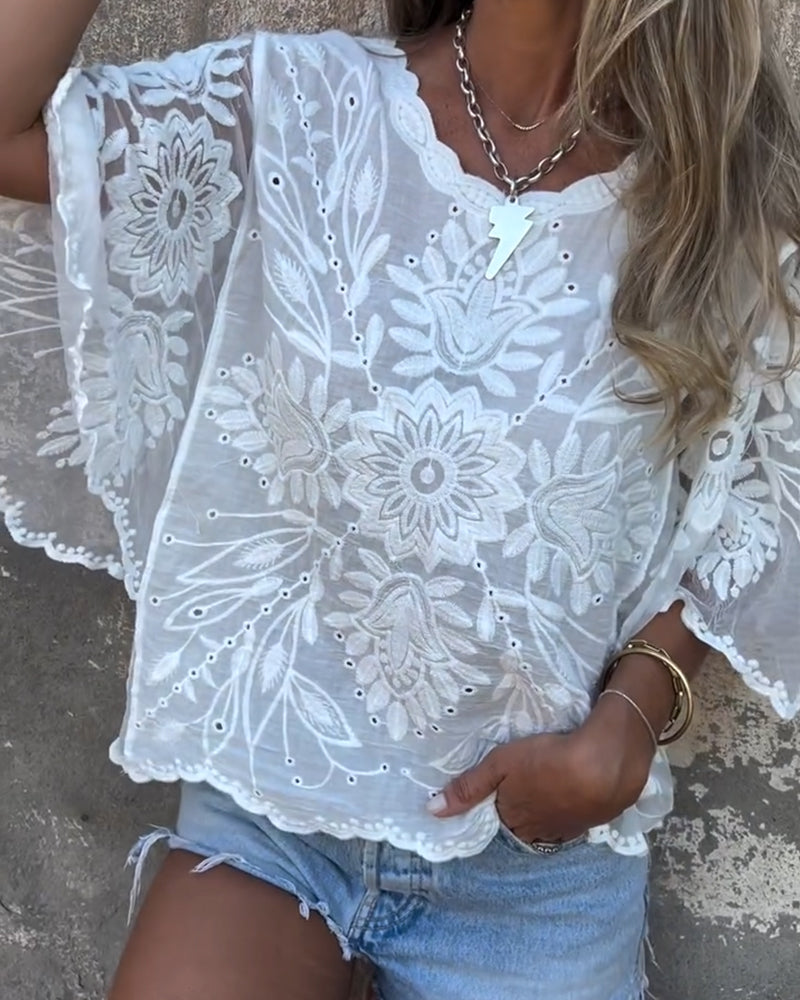 Aumora Butterfly Sleeve Round Neck Embroidered Blouse