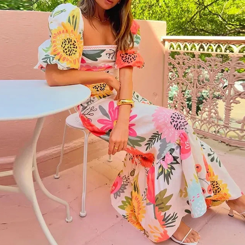 Looking for Sunshine Floral Print Square Neck Bubble Sleeve Maxi Dress